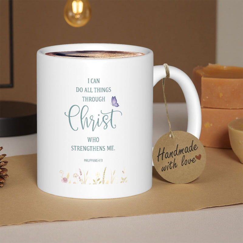 Tailorly White Ceramic 11 oz Mug - I Can Do All Things Through Christ Who Strengthens Me Elegant Purple Wings Fluttering Over Golden Summer Wildflower Garden