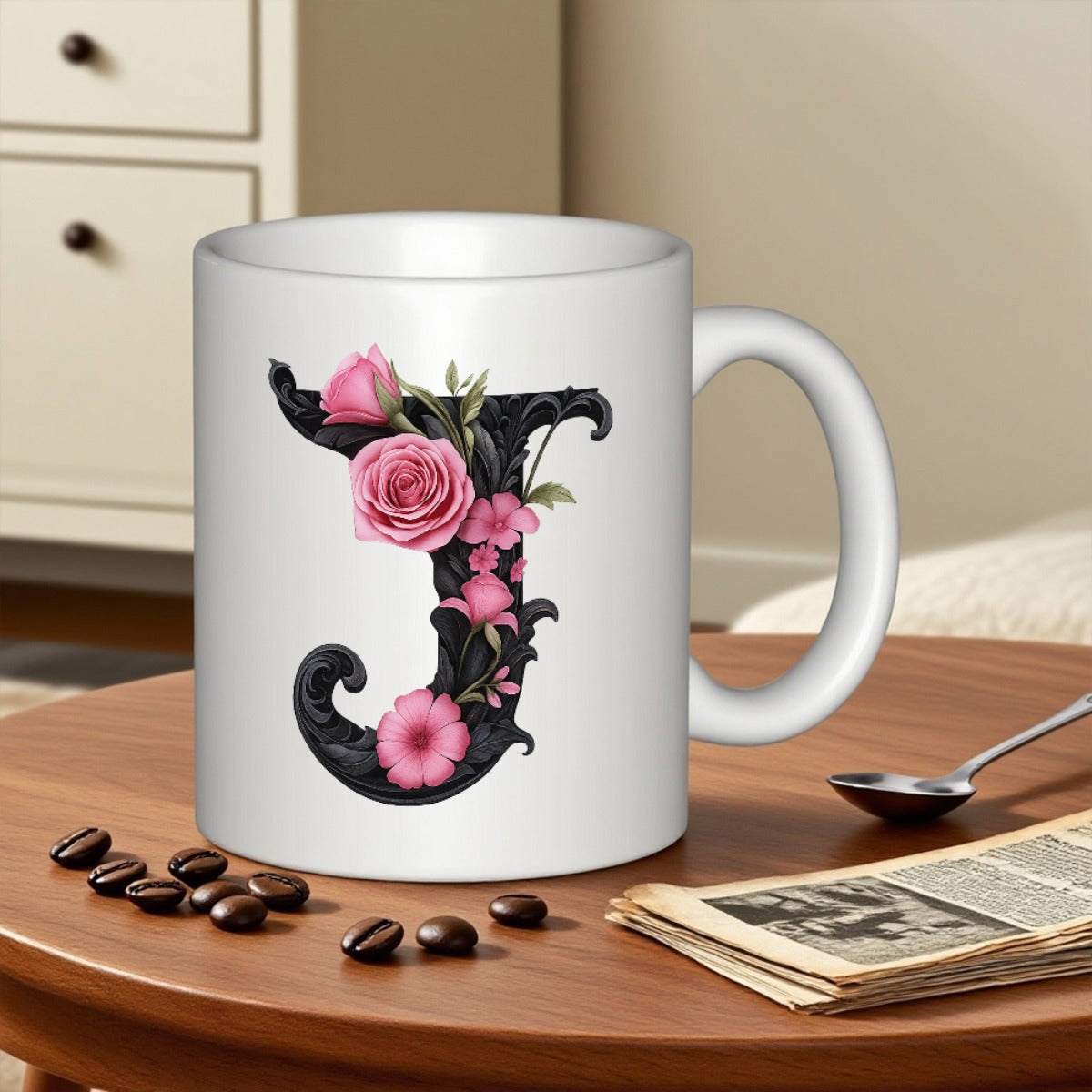 Tailorly White Ceramic 11 oz Mug - J Elegant Black Calligraphic Style Adorned With Blooming Pink Roses And Leaves Letter