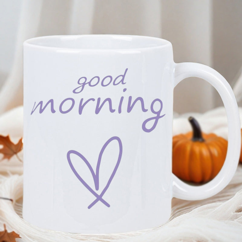 Tailorly White Ceramic 11 oz Mug - Good Morning Minimalist Script Calligraphy With Simple Purple Hand Drawn Heart