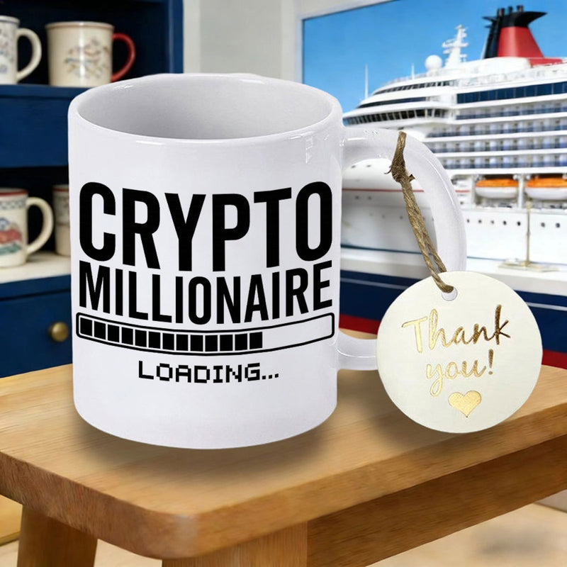 Tailorly White Ceramic 11 oz Mug - Crypto Millionaire Loading Bold Black Typography Featuring Digital Success Progress Bar Status