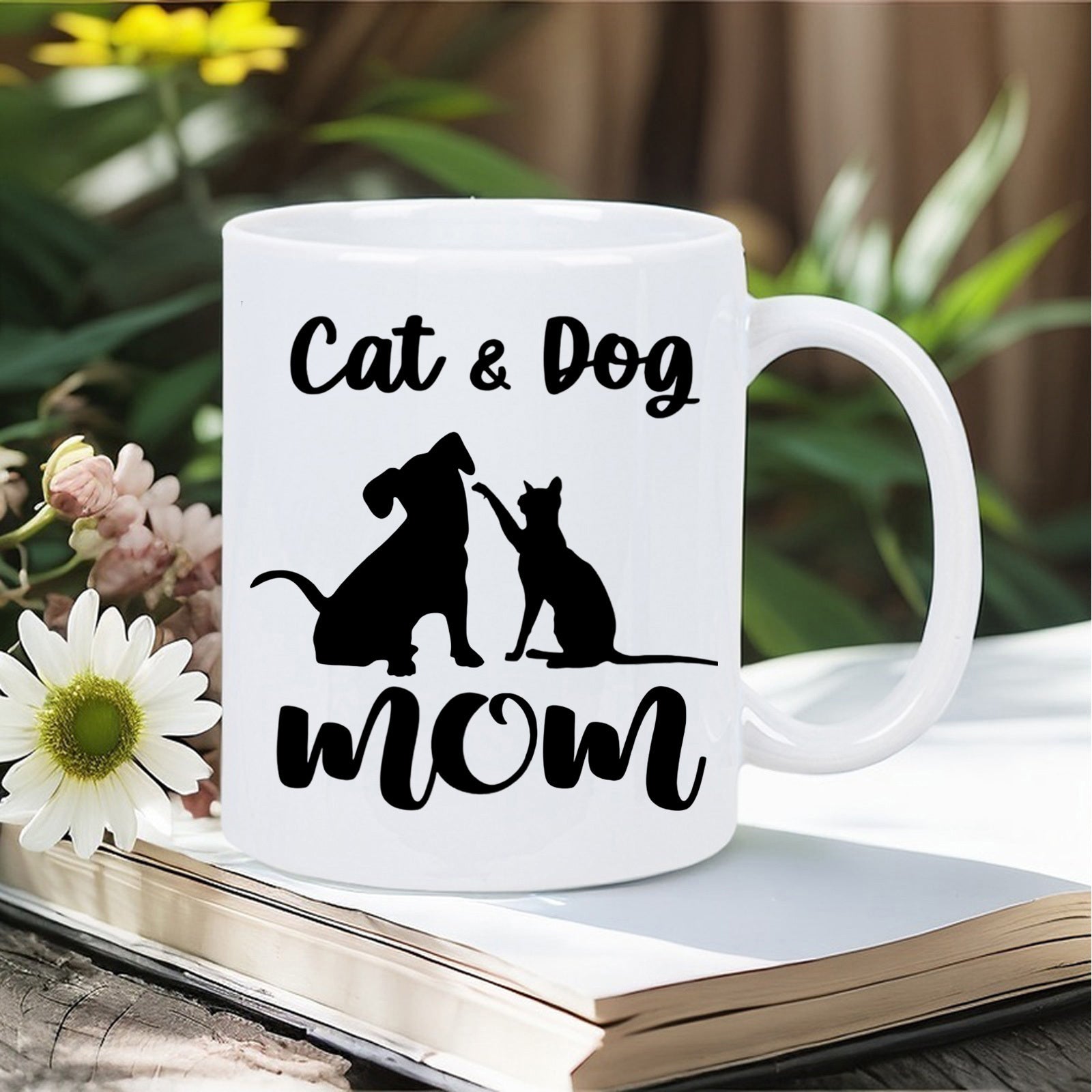 Tailorly White Ceramic 11 oz Mug - Cat Dog Mom Elegant Minimalist Black Silhouettes Of Friendly Animals Sitting Together Pet