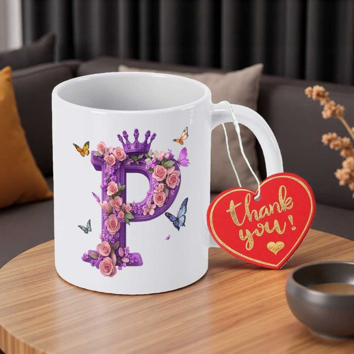 Tailorly White Ceramic 11 oz Mug - Thank You Elegant Purple Floral Letter P Surrounded By Roses And Butterflies Letter