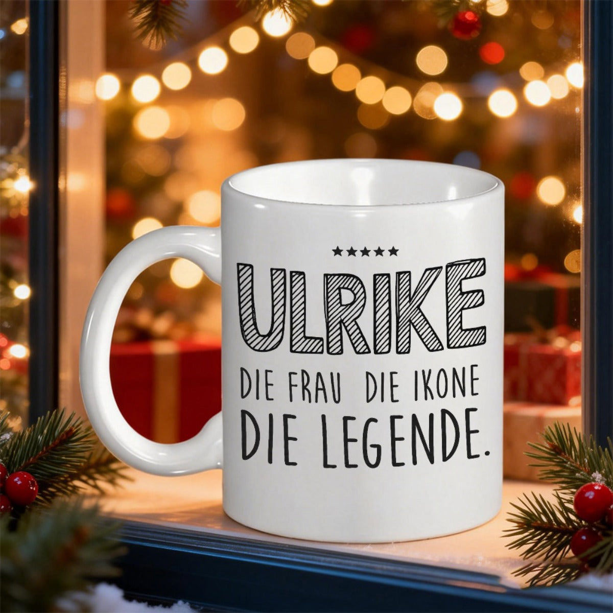 Tailorly White Ceramic 11 oz Mug - Elegant White Ceramic Vessel Resting Amidst Glowing Festive Christmas Lights Mug