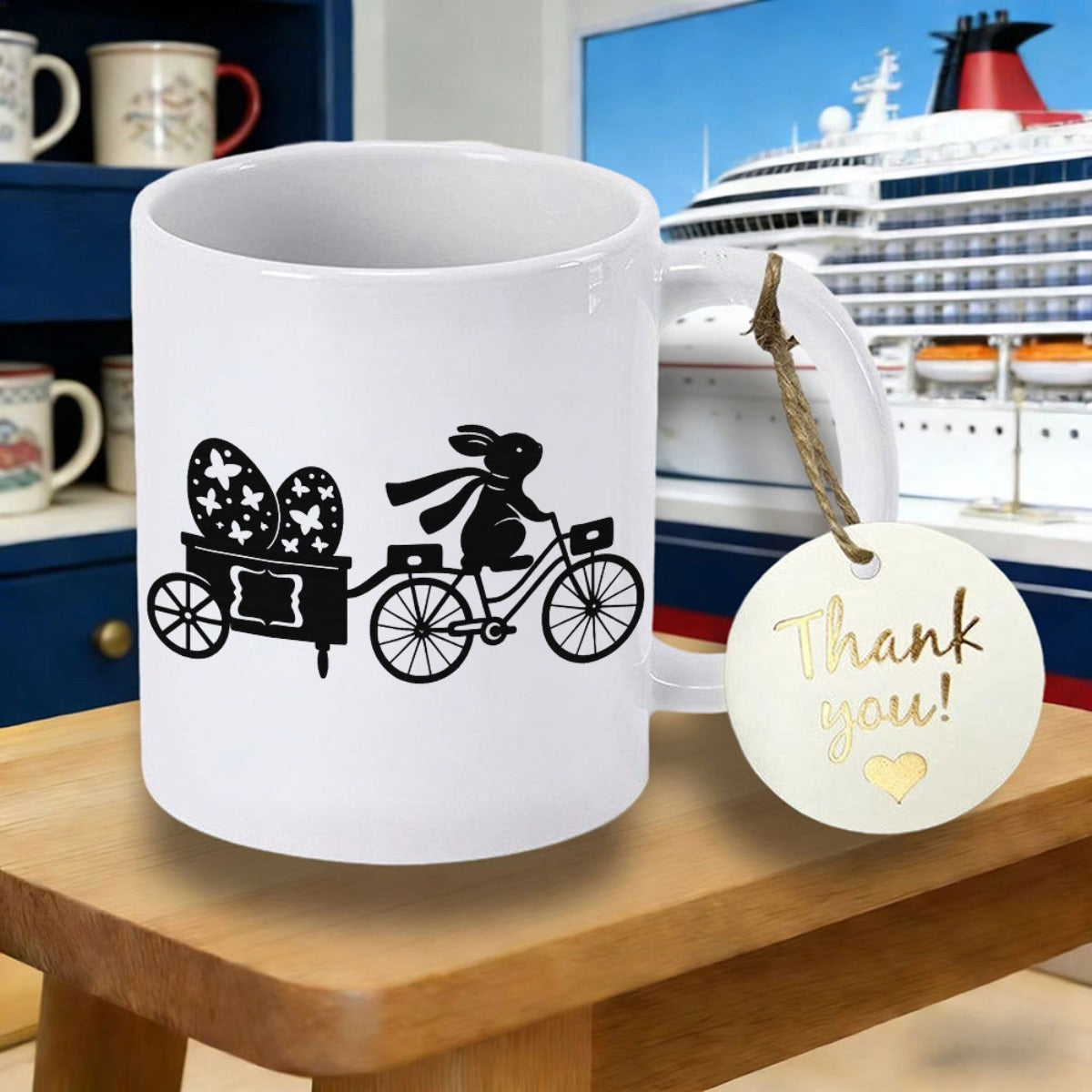 Tailorly White Ceramic 11 oz Mug - Thank You Silhouette Of Easter Bunny Riding Bicycle With Trailer Carrying Patterned Eggs Rabbit