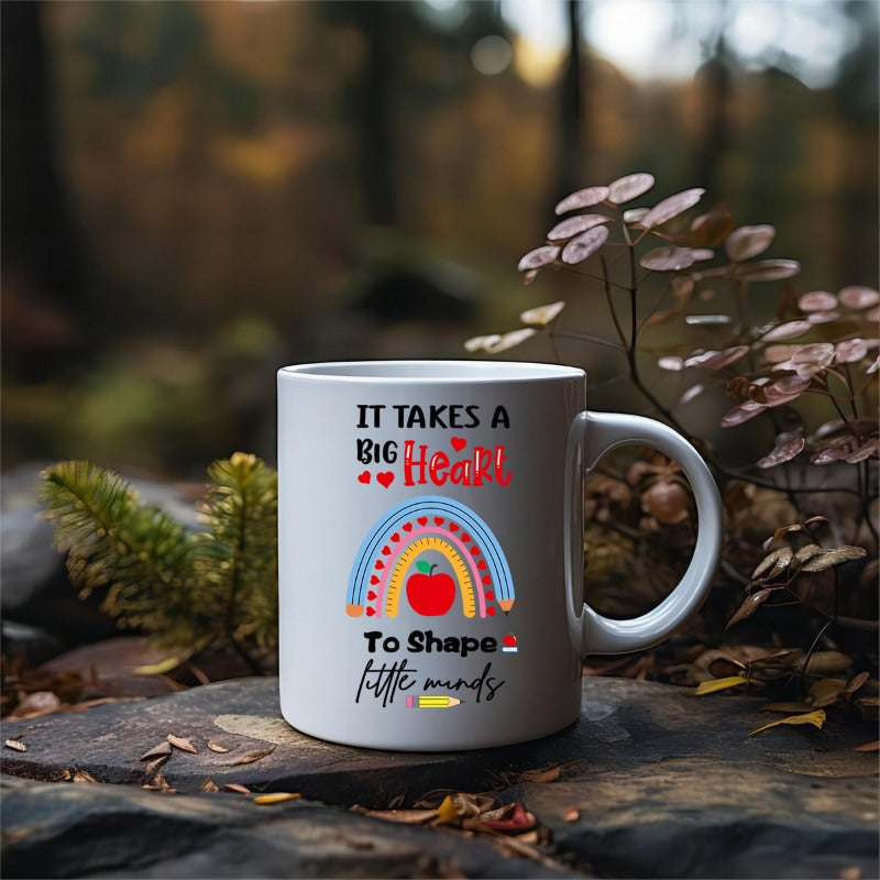 Tailorly White Ceramic 11 oz Mug - It Takes A Big Heart To Shape Little Minds Colorful Artistic Boho Style Arch With Small Red Apple Heart Rainbow