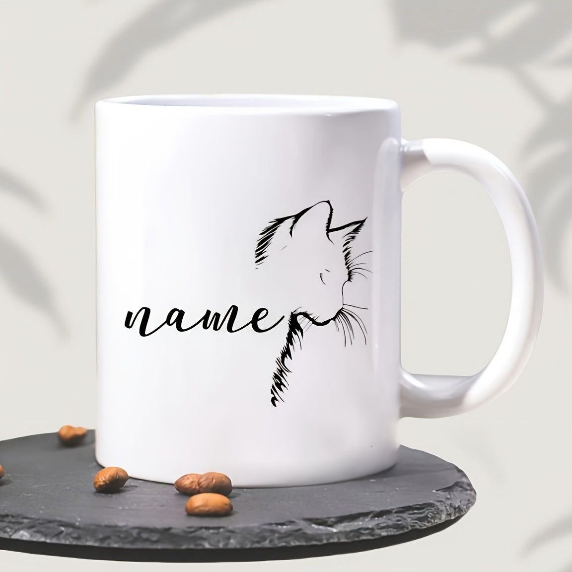 Tailorly White Ceramic 11 oz Mug - Name Hand Drawn Minimalist Sketch Featuring Artistic Profile Lines Of A Cute Cat