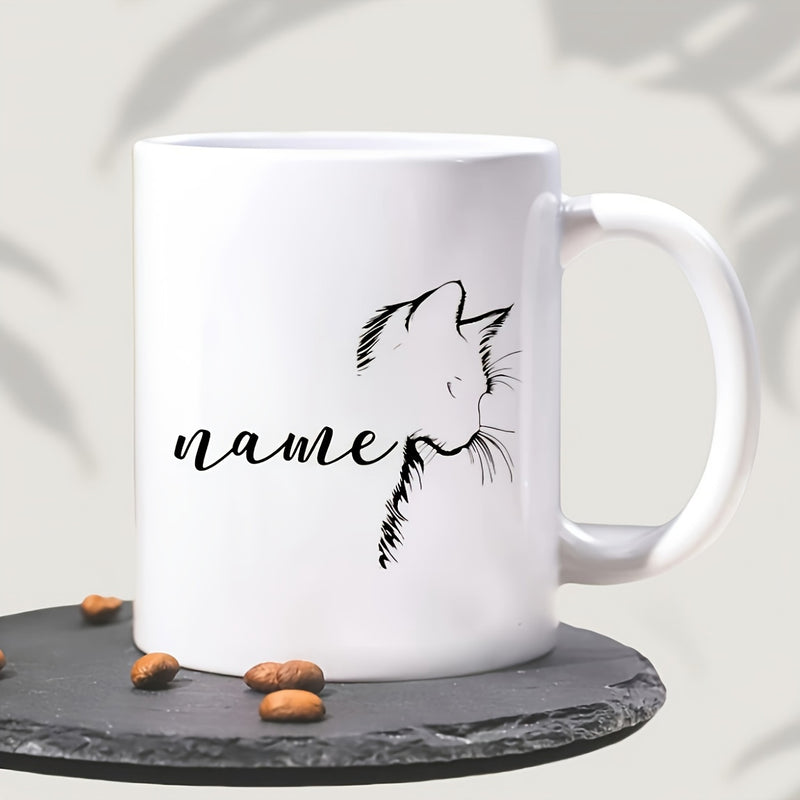 Tailorly White Ceramic 11 oz Mug - Name Hand Drawn Minimalist Sketch Featuring Artistic Profile Lines Of A Cute Cat