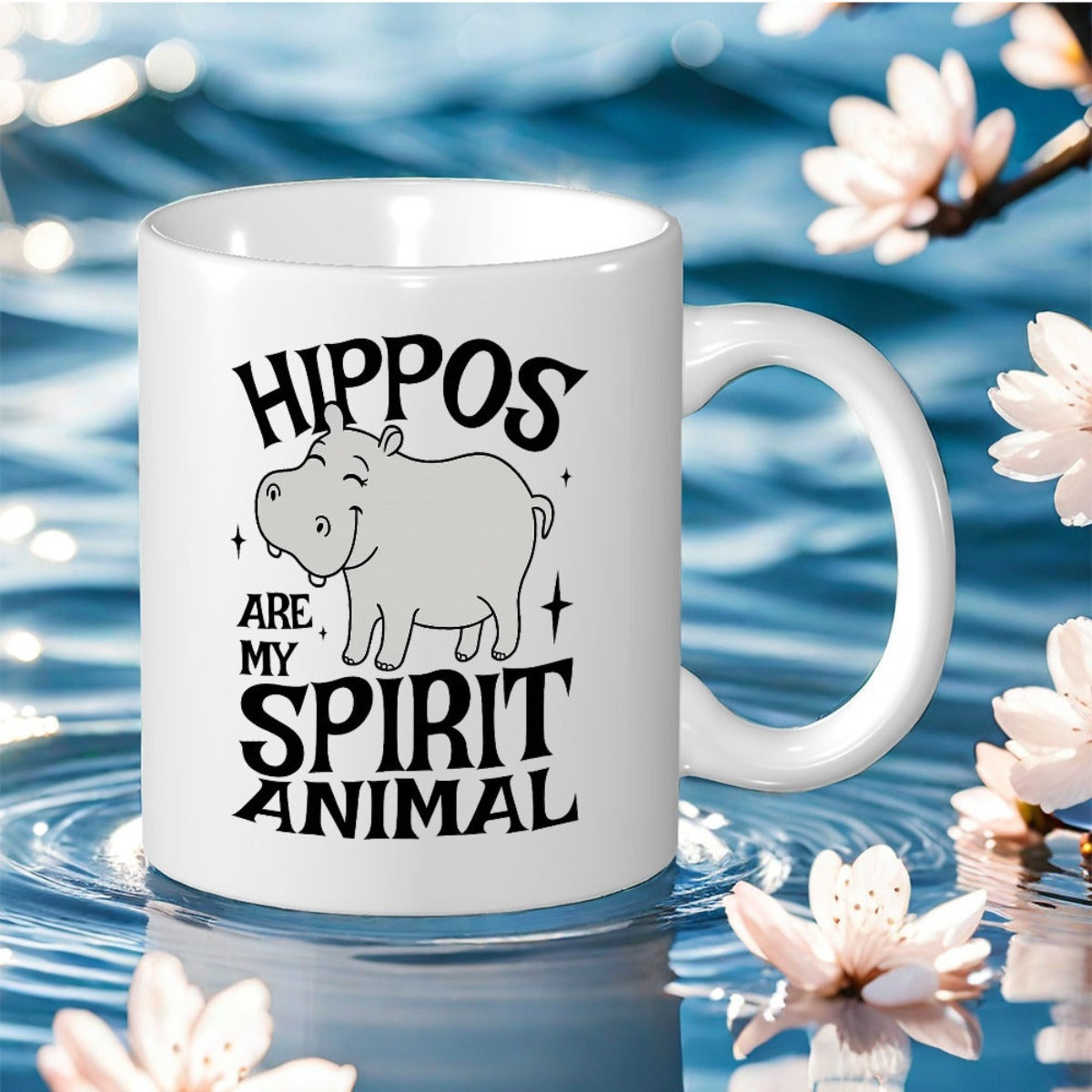 Tailorly White Ceramic 11 oz Mug - Hippos Are My Spirit Animal Smiling Cartoon Hippopotamus Surrounded By Small Twinkling Magic Stars Hippo