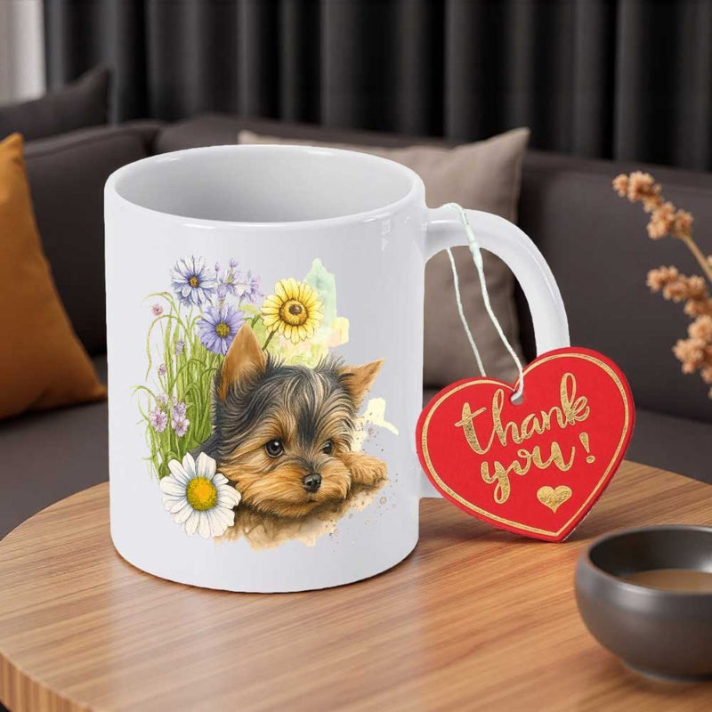 Tailorly White Ceramic 11 oz Mug - Thank You Adorable Little Yorkshire Terrier Resting Peacefully Among Vibrant Blooming Sunflowers Yorkie