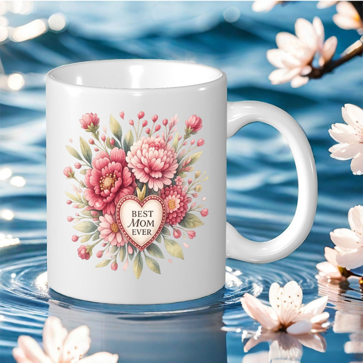 Tailorly White Ceramic 11 oz Mug - Best Mom Ever Blooming Pink Peonies Surrounded By Lush Green Leaves Flower