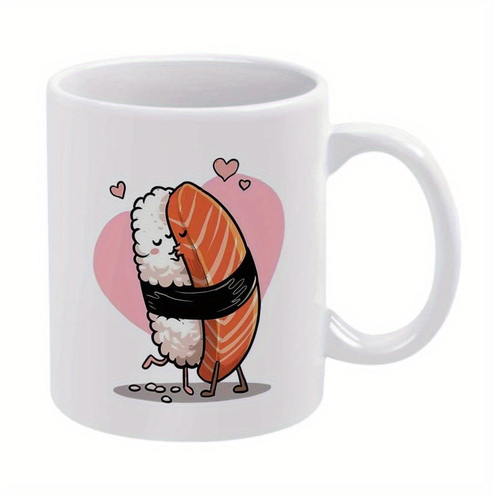 Tailorly White Ceramic 11 oz Mug - Adorable Cartoon Characters Hugging Each Other In Front Of Pink Heart Sushi