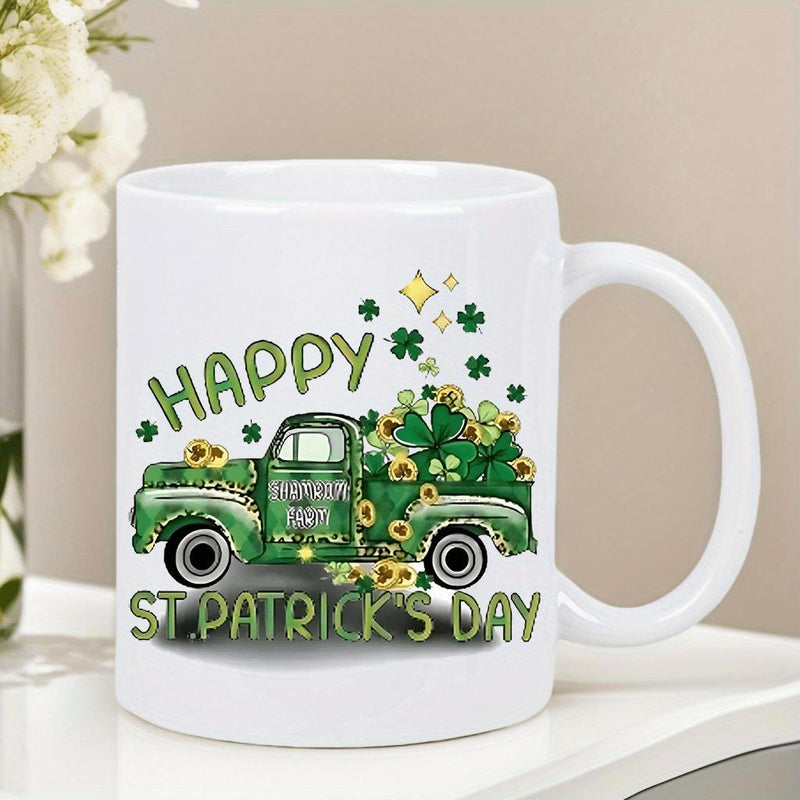 Tailorly White Ceramic 11 oz Mug - Happy St Patricks Day Vintage Green Truck Loaded With Lucky Shamrocks And Golden Flowers Truck