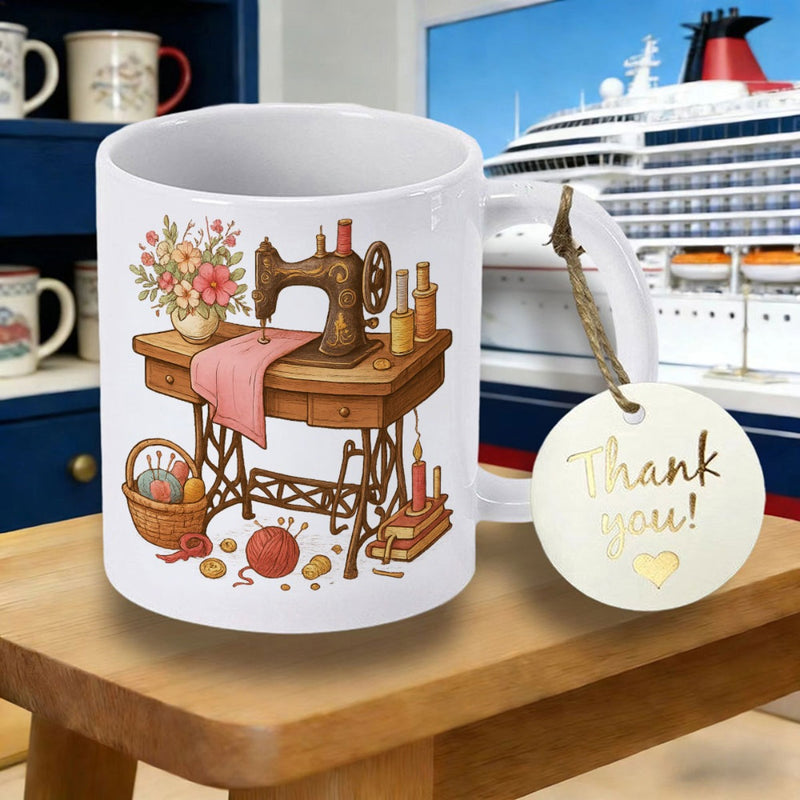 Tailorly White Ceramic 11 oz Mug - Thank You Vintage Wooden Table With Floral Vase And Yarn Balls Sewing Machine