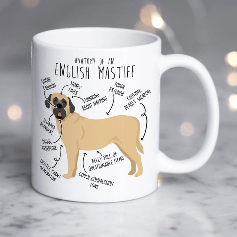 Tailorly White Ceramic 11 oz Mug - Anatomy Of An English Mastiff Sturdy Tan Dog Standing Surrounded By Educational Labels Pointing To Features Mastiff