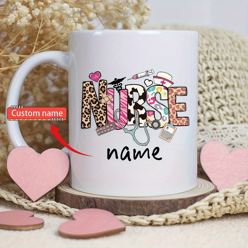 Tailorly White Ceramic 11 oz Mug - Nurse Name With Medical Icons Syringe Stethoscope And Decorative Patterned Letters Nurse
