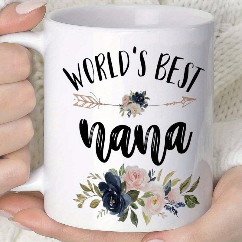 Tailorly White Ceramic 11 oz Mug - Worlds Best Nana Elegant Boho Arrow With Navy Blue And Pink Roses Among Leaves Flower