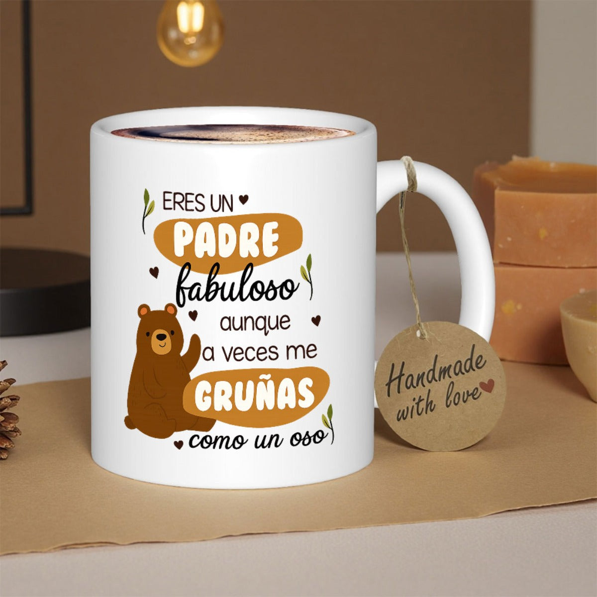 Tailorly White Ceramic 11 oz Mug - Handmade With Love Adorable Sitting Cartoon Brown Animal With Hearts And Leaves Bear