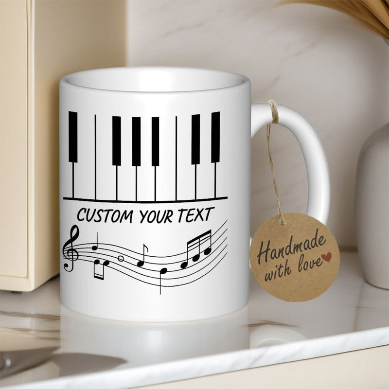 Tailorly White Ceramic 11 oz Mug - Custom Your Text Elegant Musical Staff With Notes Dancing Under Classic Black And White Piano
