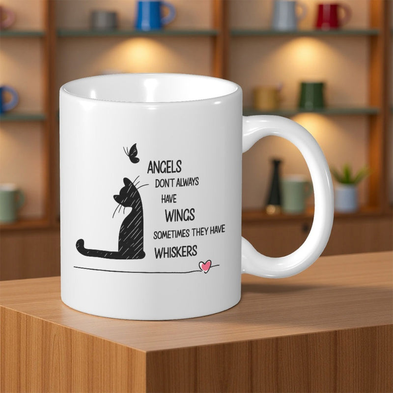 Tailorly White Ceramic 11 oz Mug - Angels Don't Always Have Wings Sometimes They Have Whiskers Minimalist Black Silhouette Sitting Near Butterfly And Tiny Heart