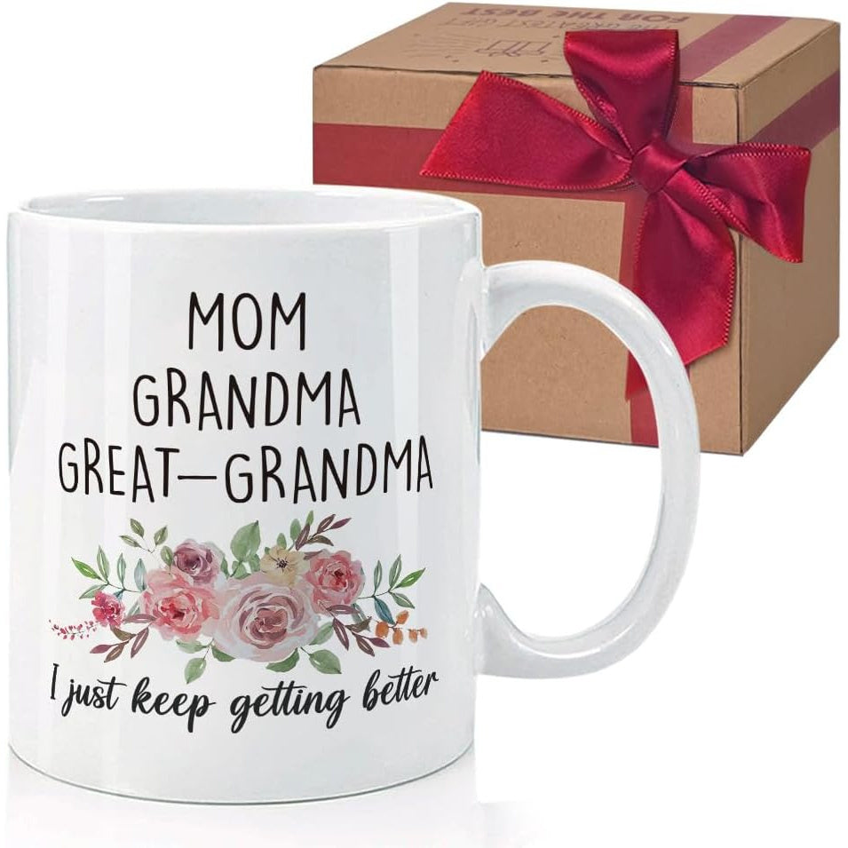 Tailorly White Ceramic 11 oz Mug - Mom Grandma Great Grandma I Just Keep Getting Better Elegant Floral Bouquet With Blooming Roses And Lush Greenery Leaves Mug
