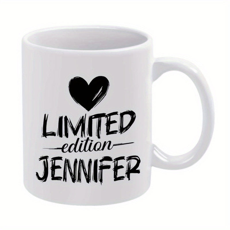 Tailorly White Ceramic 11 oz Mug - Limited Edition Jennifer Hand Drawn Black Heart And Stylish Grunge Script Typography Heart