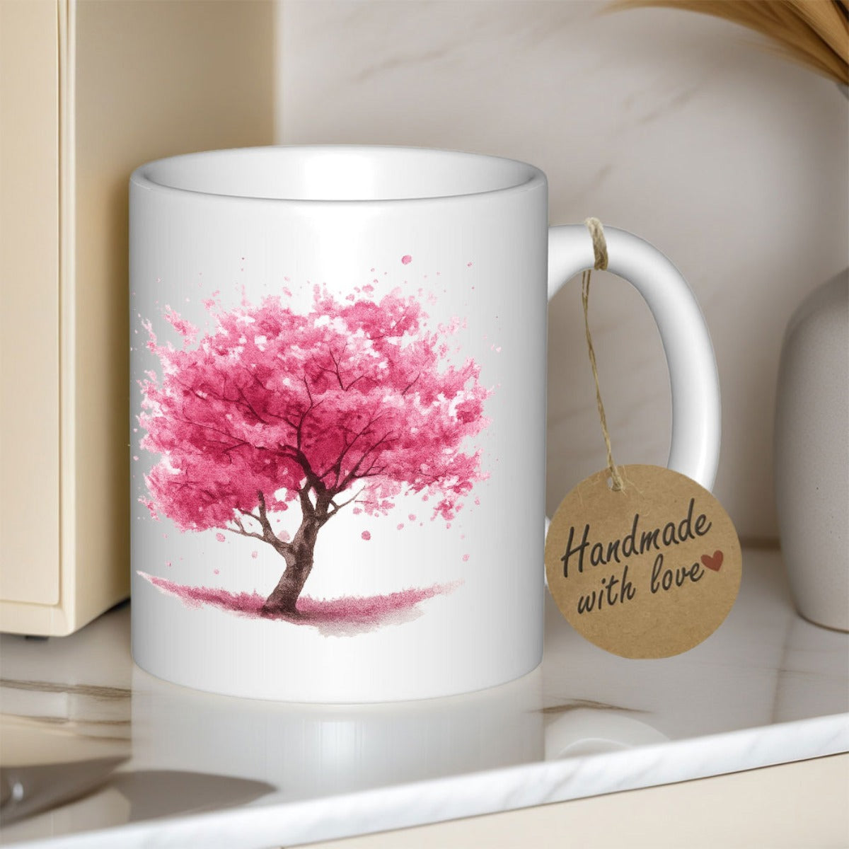 Tailorly White Ceramic 11 oz Mug - Blooming Pink Cherry Blossom Petals Scattering Under Soft Warm Light Tree