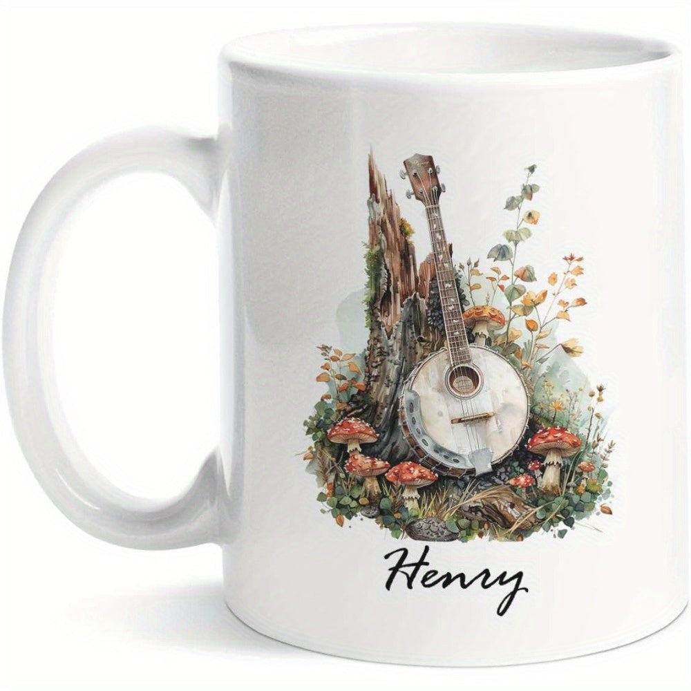 Tailorly White Ceramic 11 oz Mug - Henry Vintage Musical Instrument Among Red Mushrooms And Forest Leaves On Wooden Stump Banjo