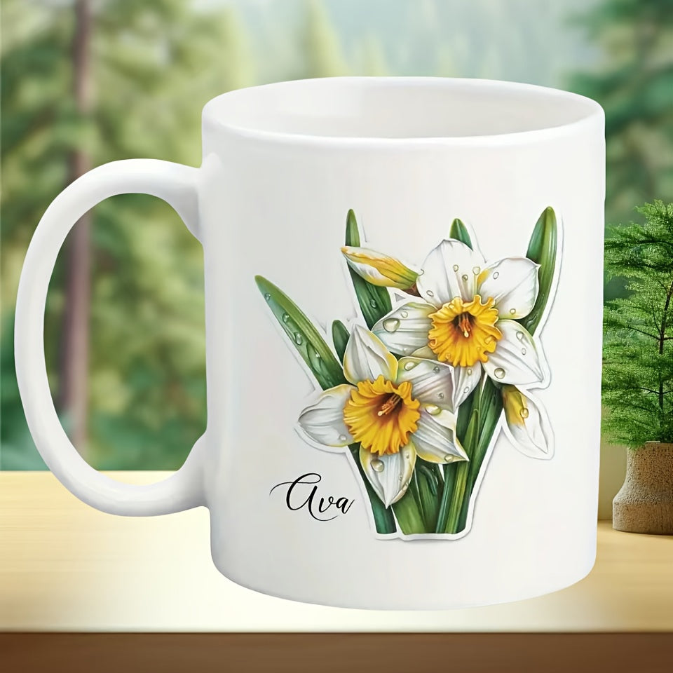 Tailorly White Ceramic 11 oz Mug - Ava Blooming Narcissus Flowers With Green Leaves And Delicate Petals Daffodil
