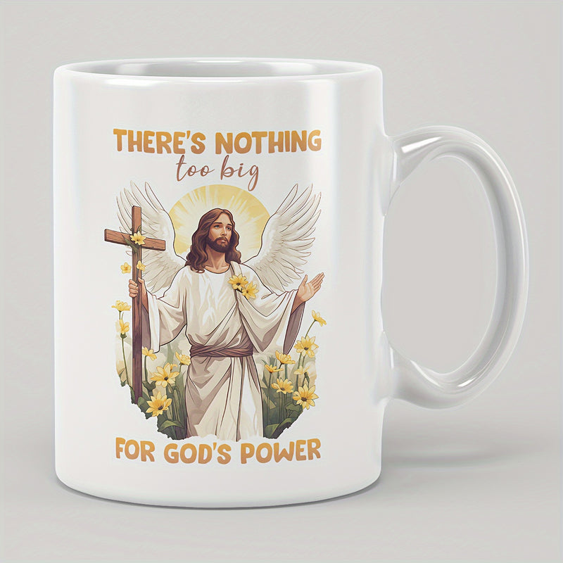 Tailorly White Ceramic 11 oz Mug - There's Nothing Too Big For God's Power Serene Angelic Figure Holding Wooden Cross Surrounded By Sunflowers And Light Jesus