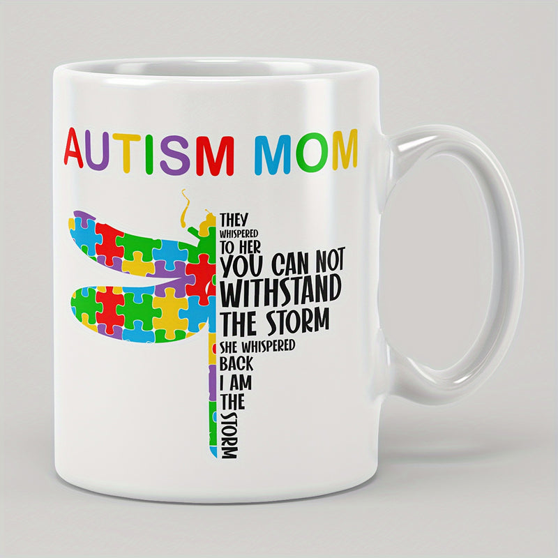 Tailorly White Ceramic 11 oz Mug - Autism Mom I Am The Storm Vibrant Colorful Puzzle Pattern Wings Shaped Into A Graceful Flying Dragonfly
