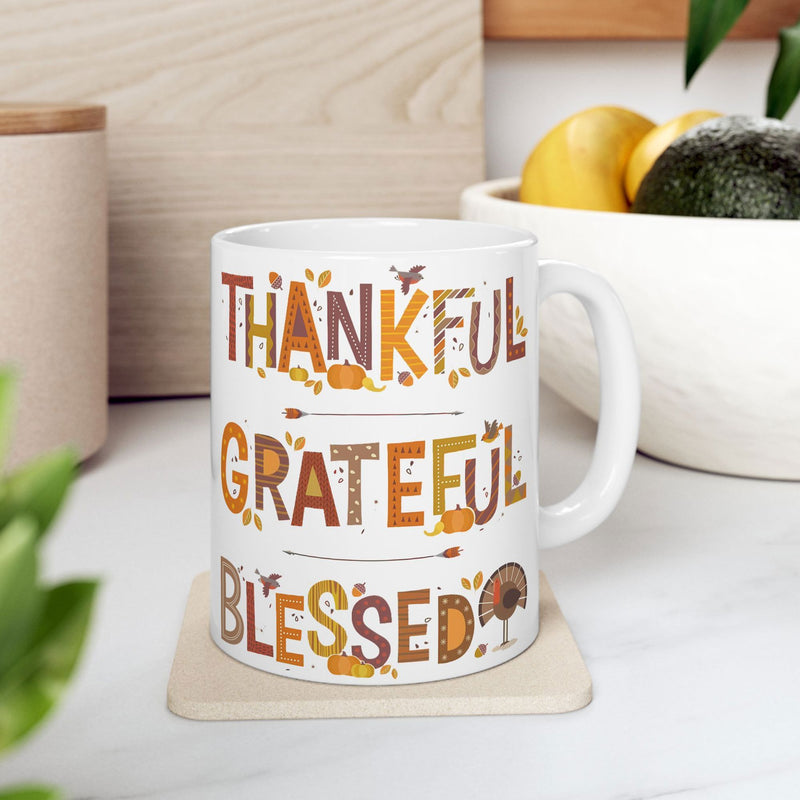 Tailorly White Ceramic 11 oz Mug - Thankful Grateful Blessed Autumn Leaves And Pumpkins With A Turkey Among Fall Colors Mug