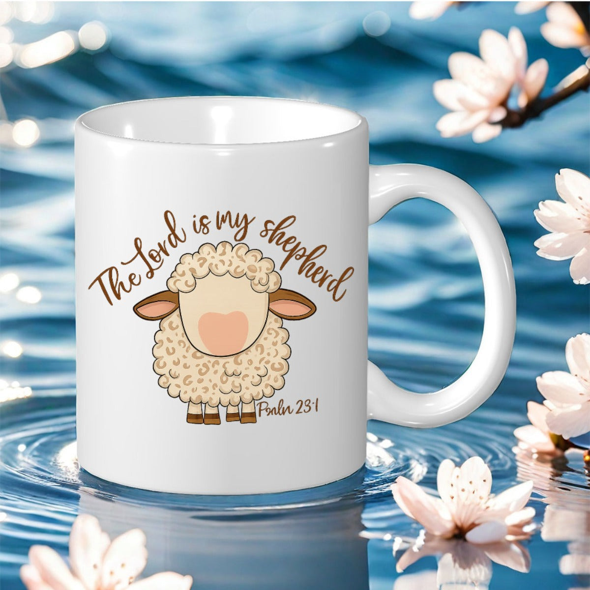 Tailorly White Ceramic 11 oz Mug - The Lord Is My Shepherd Psalm 23 1 Cute Fluffy Sheep With Heart Shaped Face Standing On White Surface Sheep