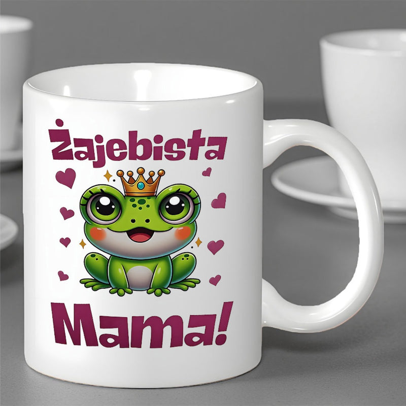 Tailorly White Ceramic 11 oz Mug - Mama Adorable Green Character Wearing Golden Crown Among Tiny Purple Hearts Frog