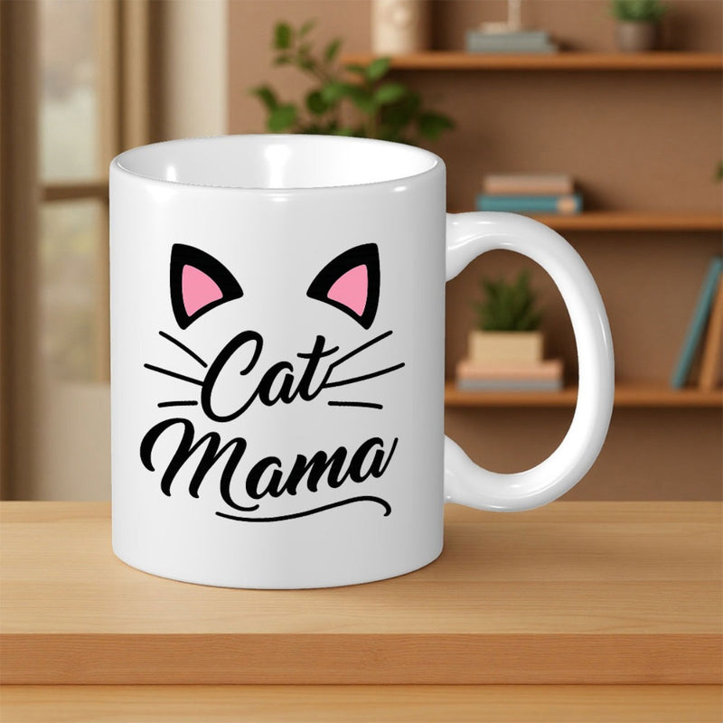 Tailorly White Ceramic 11 oz Mug - Cat Mama Minimalist Pink Ears And Delicate Whiskers On A Polished Surface Cat