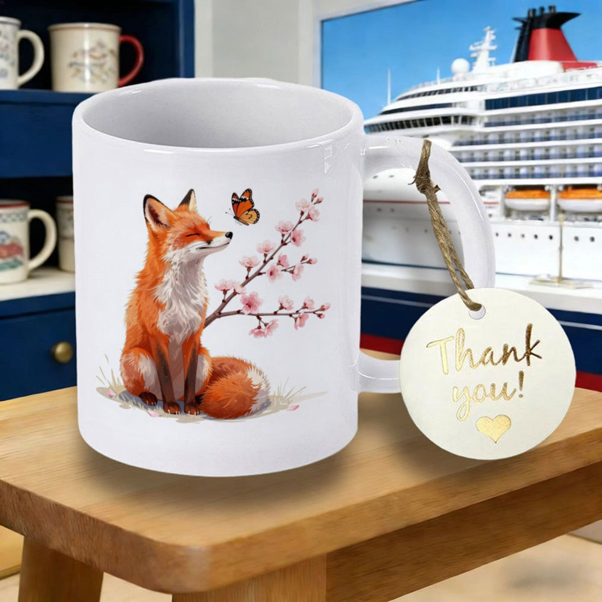 Tailorly White Ceramic 11 oz Mug - Graceful Sitting Orange Beside Blooming Pink Flowers And Delicate Butterfly Fox