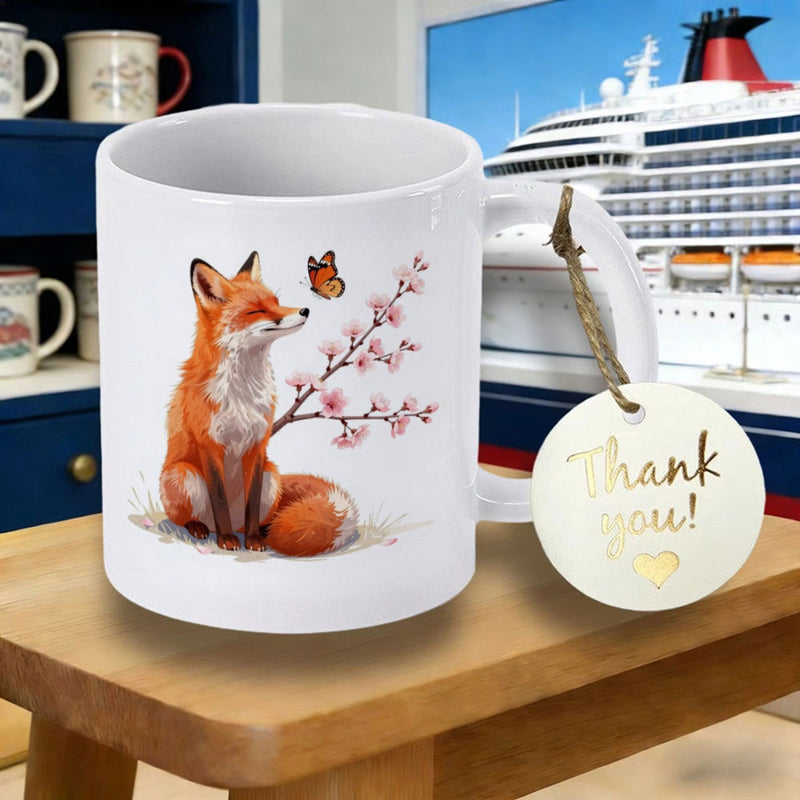 Tailorly White Ceramic 11 oz Mug - Graceful Sitting Orange Beside Blooming Pink Flowers And Delicate Butterfly Fox
