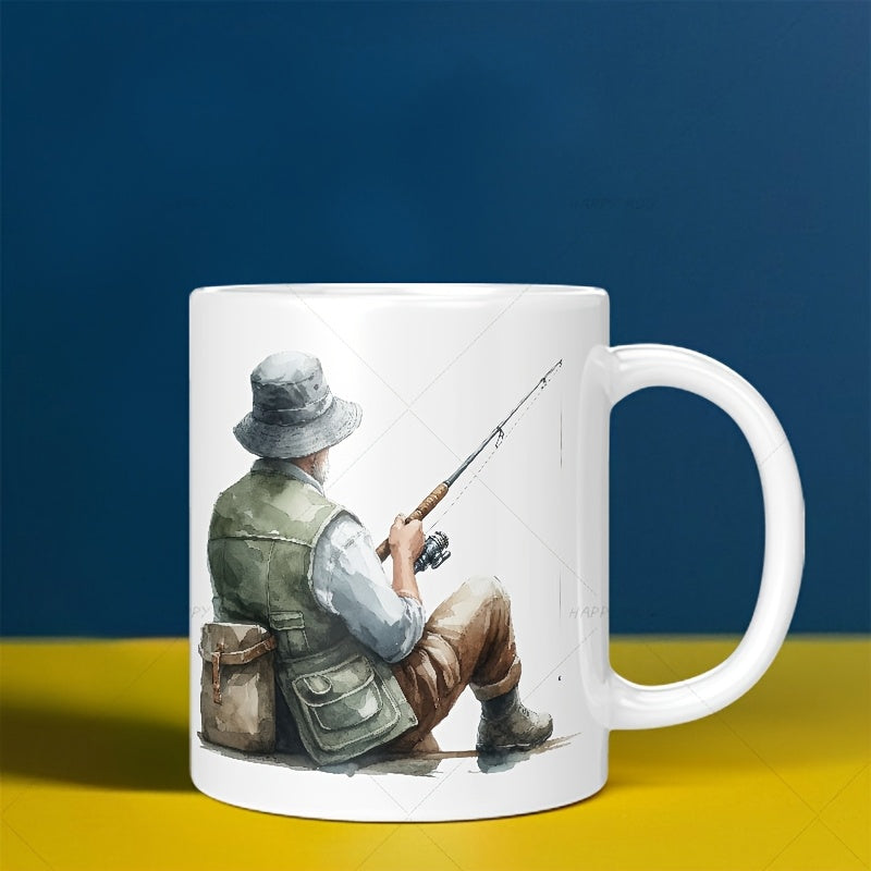 Tailorly White Ceramic 11 oz Mug - Elderly Man Wearing Fishing Gear Sitting Patiently With A Rod Fisherman