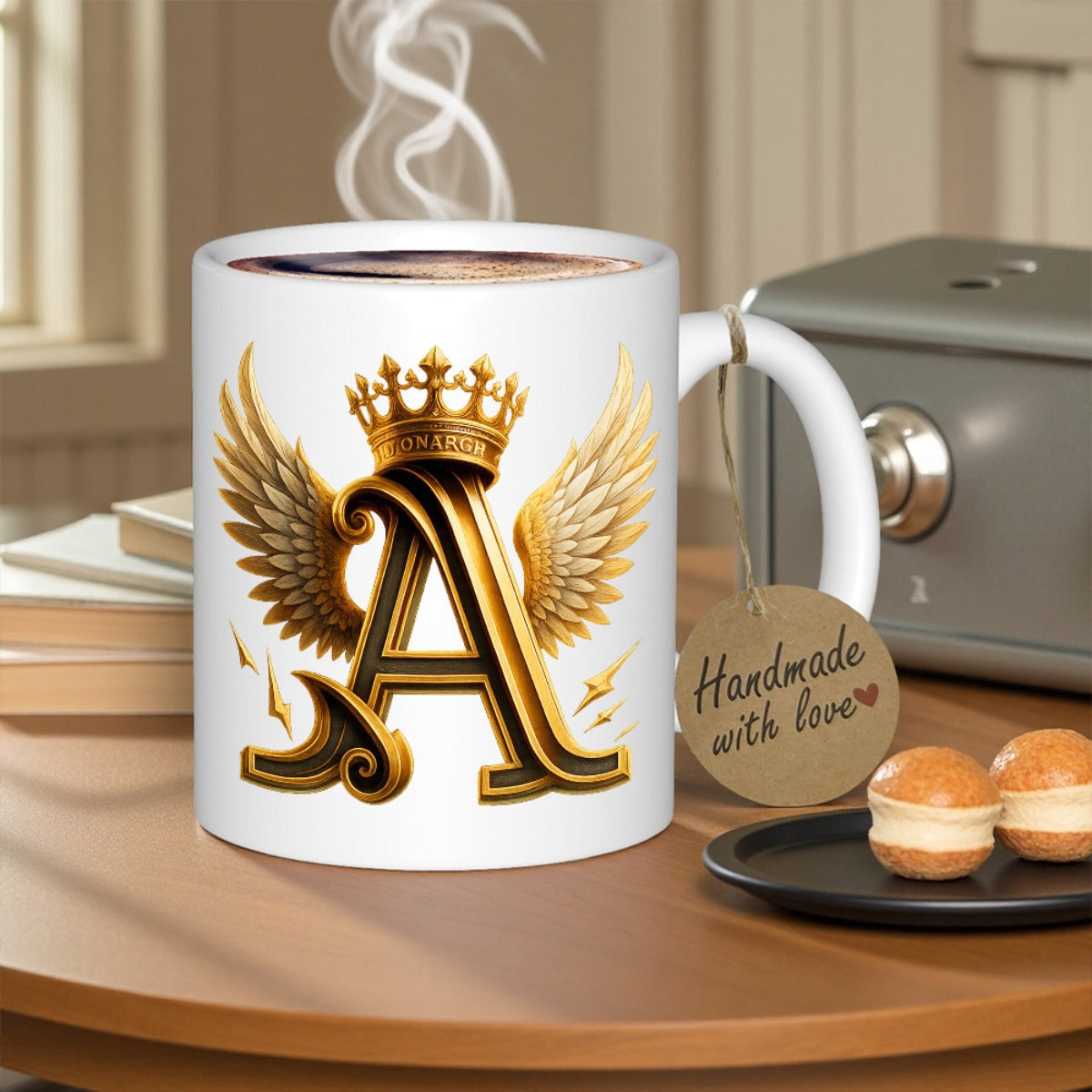 Tailorly White Ceramic 11 oz Mug - Handmade With Love Golden Wings Spreading Beside A Crowned Serif Initial Letter