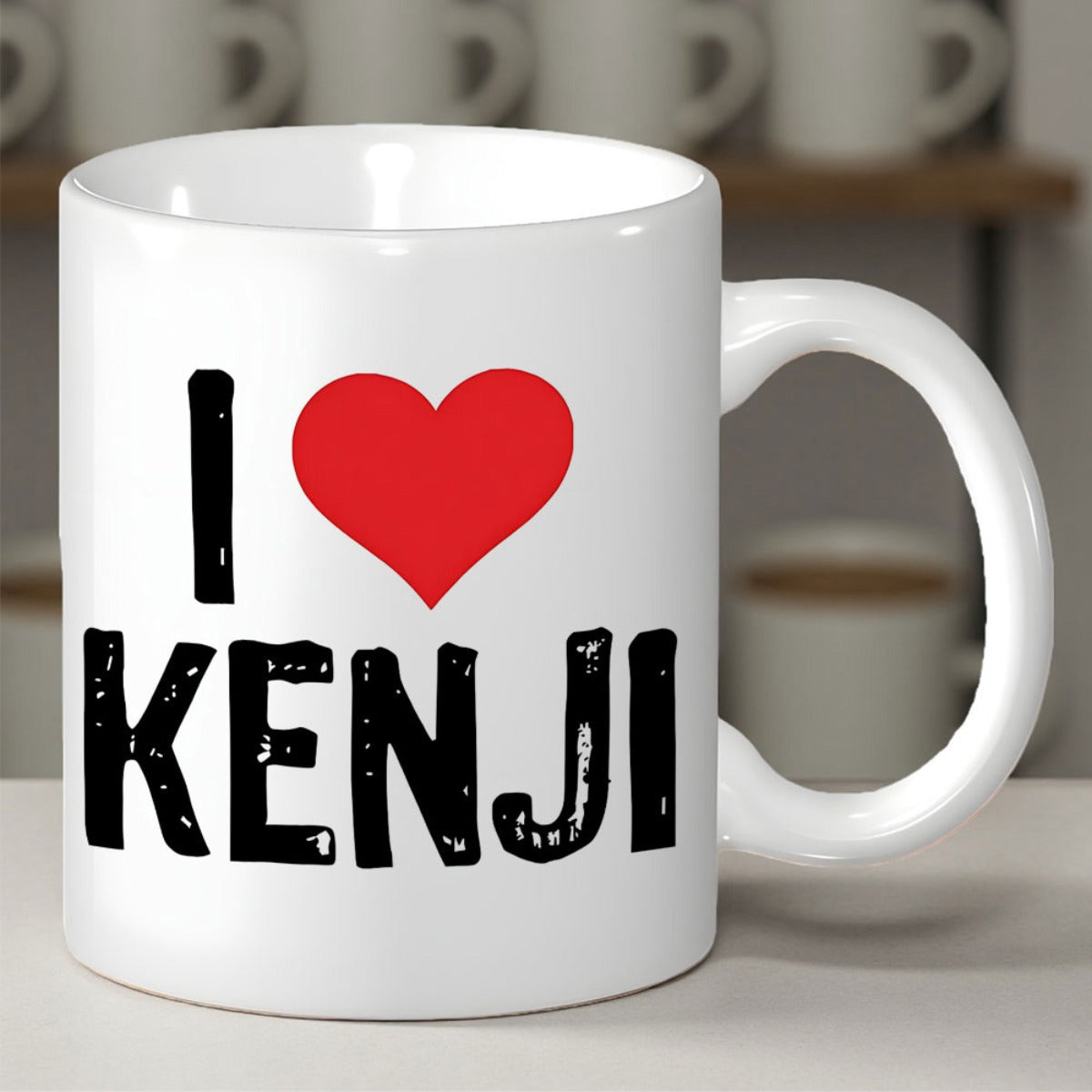 Tailorly White Ceramic 11 oz Mug - I Kenji Minimalist Bold Red Heart Icon With Textured Black Typeface Mug