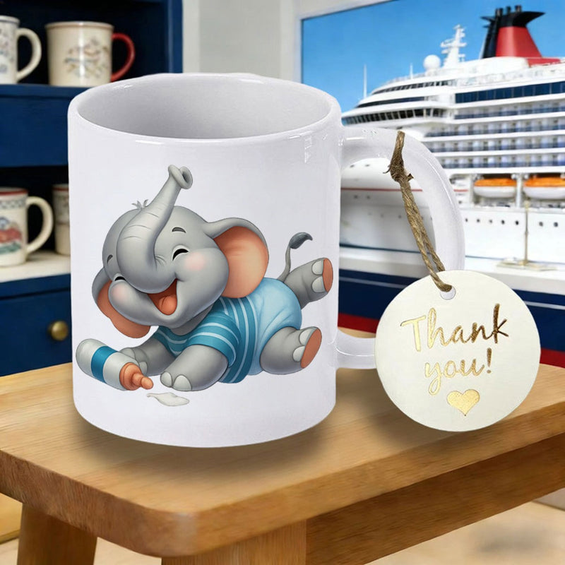 Tailorly White Ceramic 11 oz Mug - Thank You Cute Little Baby Elephant Wearing Blue Stripes Playing With Milk Bottle Elephant