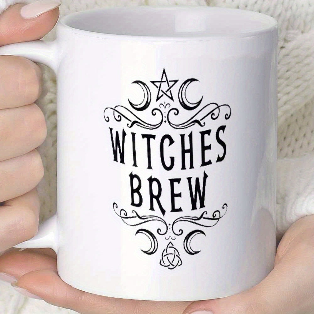 Tailorly White Ceramic 11 oz Mug - Witches Brew Mystic Crescent Moons Pentagram Celtic Knot Decorative Filigree Ornament