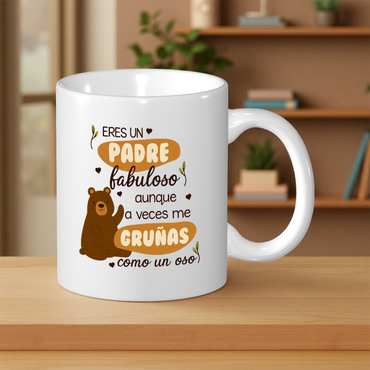 Tailorly White Ceramic 11 oz Mug - Charming Brown Sitting Creature Surrounded By Delicate Hearts And Floating Leaves Bear