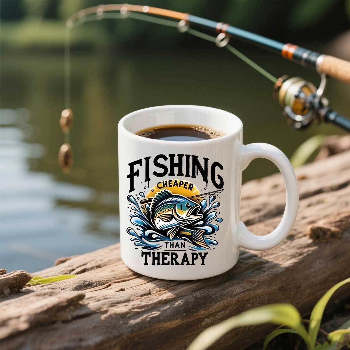 Tailorly White Ceramic 11 oz Mug - Fishing Cheaper Than Therapy Majestic Bass Jumping From Splashing Water With A Hooked Line Fish
