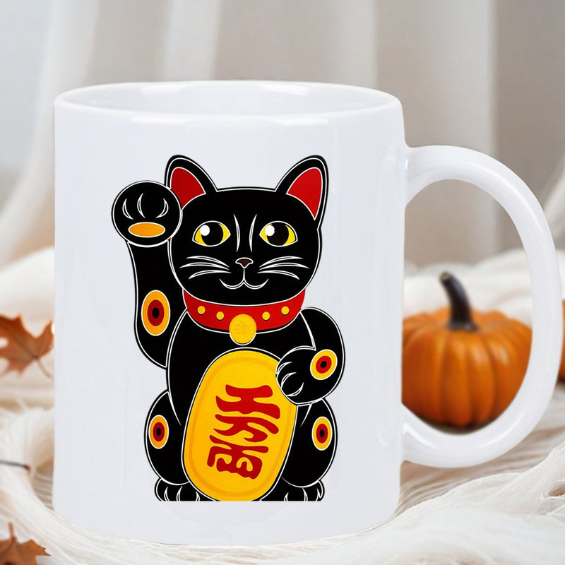 Tailorly White Ceramic 11 oz Mug - Traditional Black Maneki Neko Holding A Large Golden Wealth Coin Cat