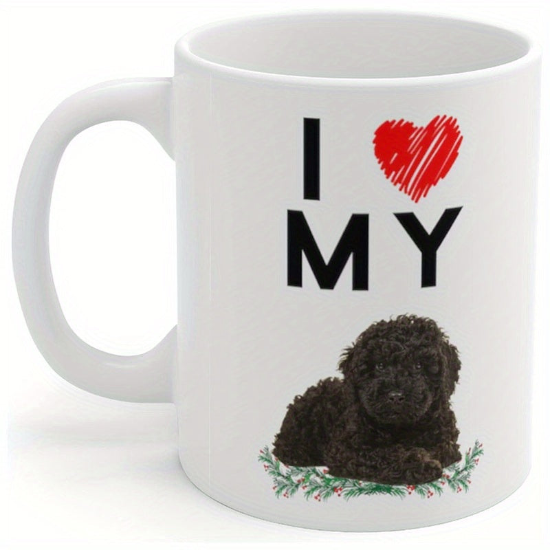 Tailorly White Ceramic 11 oz Mug - I My Adorable Black Curly Haired Poodle Resting Peacefully On Green Pine Leaves Poodle