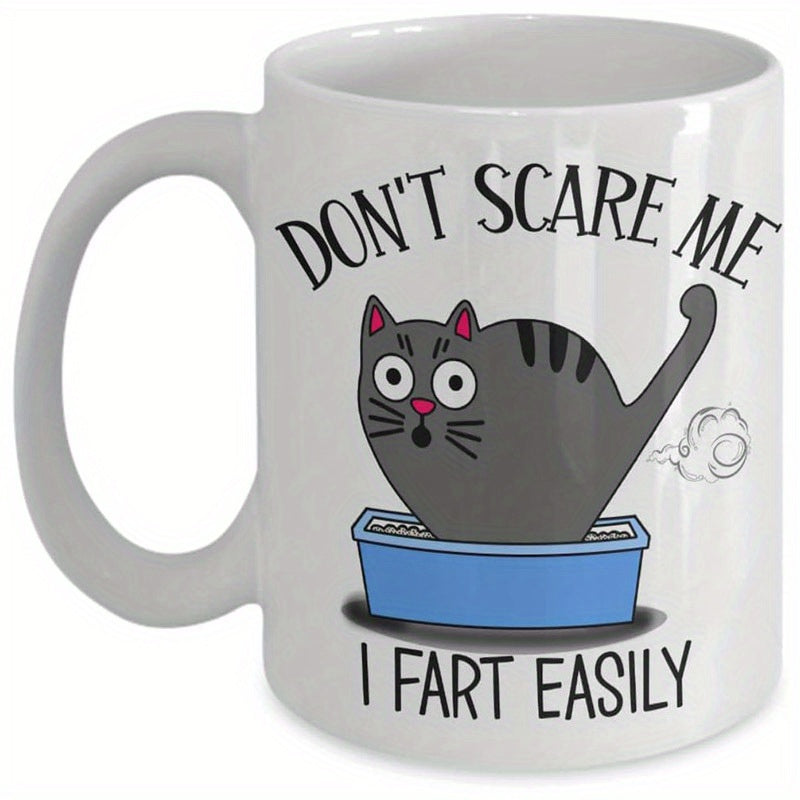Tailorly White Ceramic 11 oz Mug - Don't Scare Me I Fart Easily Funny Scared Cartoon Cat Sitting In Blue Box With Small White Cloud Cat