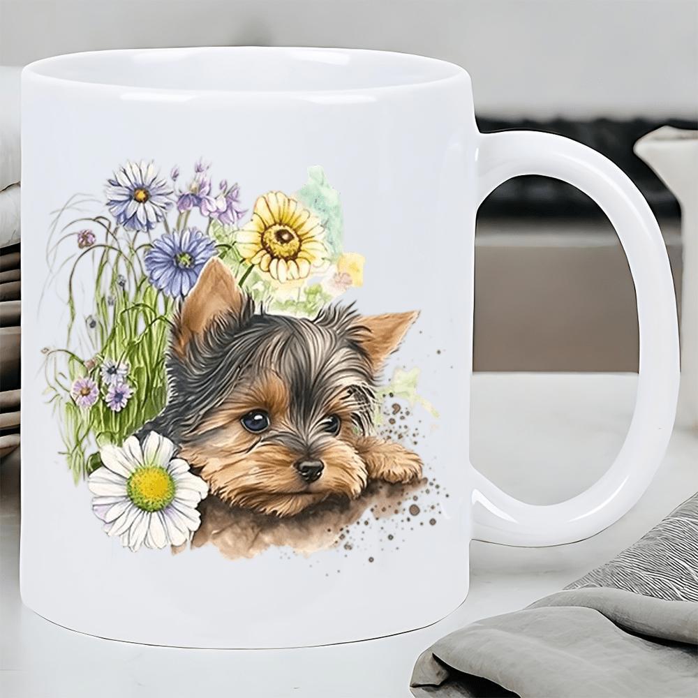 Tailorly White Ceramic 11 oz Mug - Watercolor Illustration Of A Small Puppy Resting Amidst Colorful Blooming Spring Flowers Dog