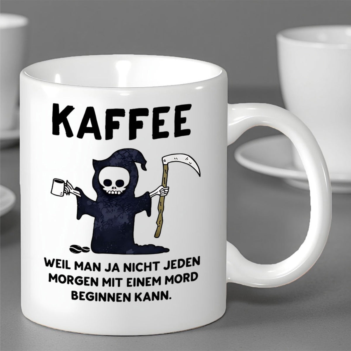 Tailorly White Ceramic 11 oz Mug - Tiny Cartoon Character Holding A Cup Of Coffee And Scythe Reaper