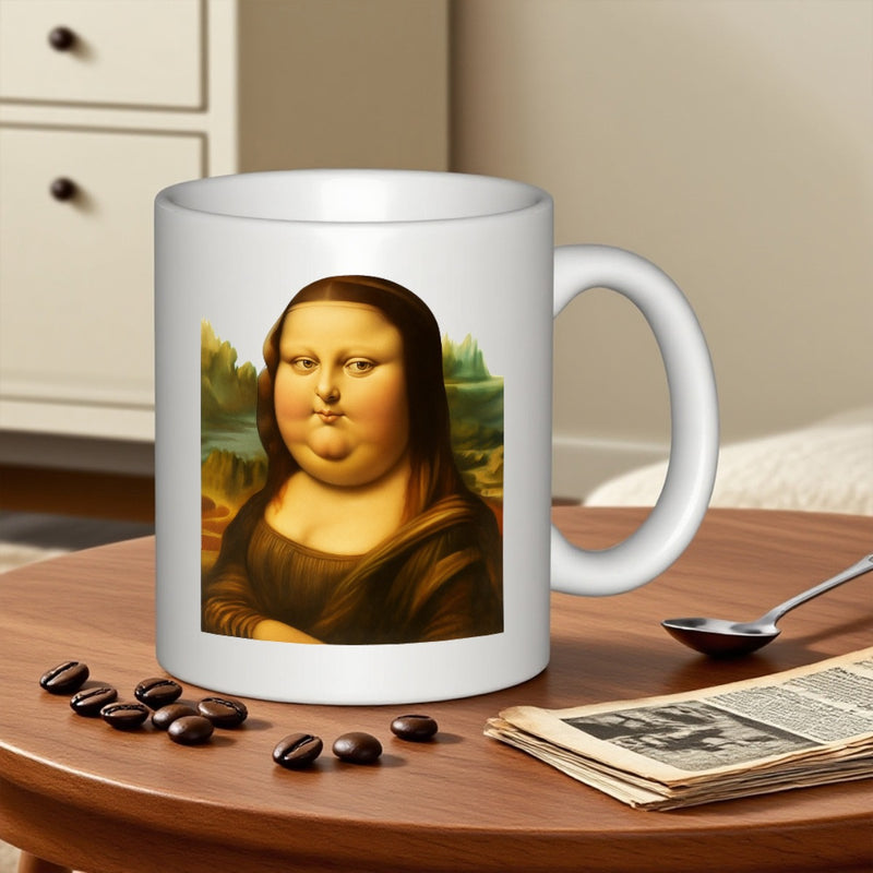 Tailorly White Ceramic 11 oz Mug - Chubby Classical Woman With Plump Cheeks Sitting In Vintage Landscape Scenery Portrait