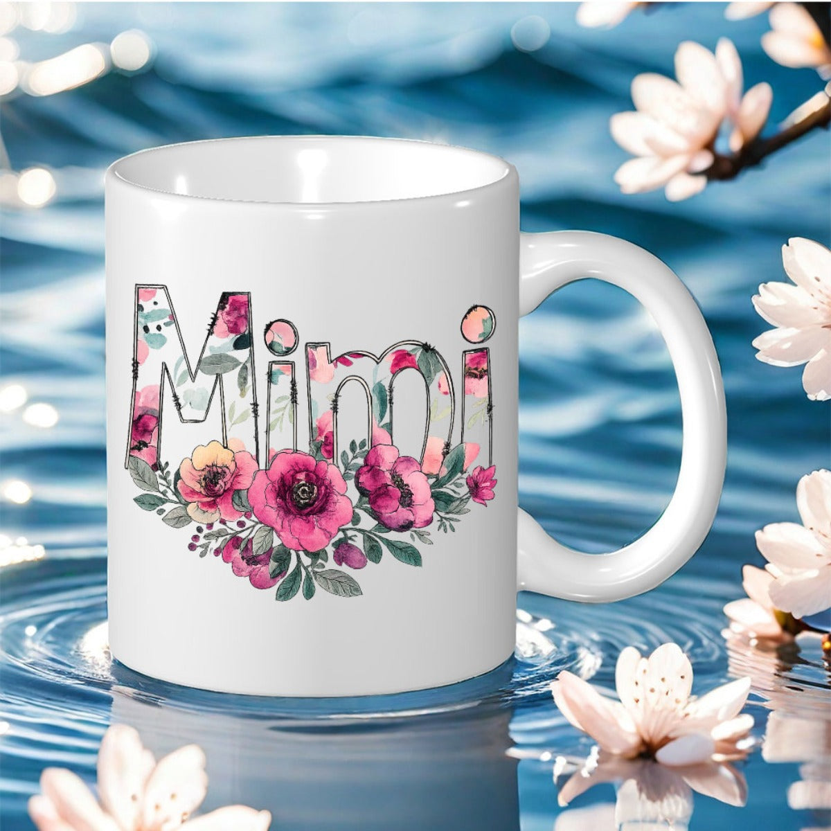 Tailorly White Ceramic 11 oz Mug - Mimi Blooming Pink Peonies And Lush Green Leaves Among Graceful Letters Flower